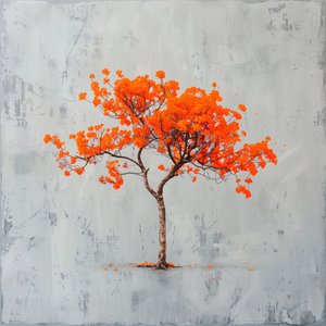ミニマリズムの絵画 : オレンジの葉とグレーの背景; 壁のアート プリント