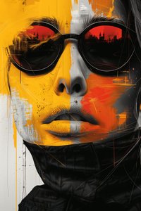 ミニマリストの抽象的なSFシュールレアリスムのメガネをかけた女性の顔、アートプリント 作： F. Abderrahim