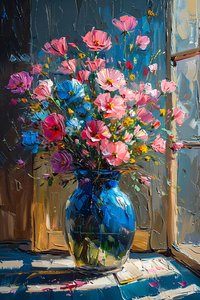 ピンクとブルーの乱雑な花の束の油絵, 額装された壁の装飾 作： F. Abderrahim