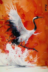 アジアの芸術的なスタイルで暖色で描かれたコウノトリ、寝室の壁飾り 作： F. Abderrahim