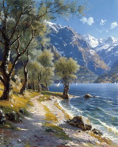 静かな湖と山と森の風景、オンラインアートプリント 作： F. Abderrahim