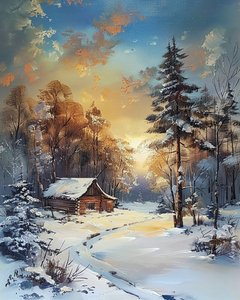 森と雪の中の小屋、冬景色、壁の装飾のアイデア 作： F. Abderrahim