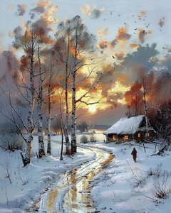 雪の降る日、木造小屋の隣で自然が織りなす夕焼け 作： F. Abderrahim