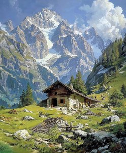 春のスイスアルプスのログハウス、キッチンの壁飾り 作： F. Abderrahim