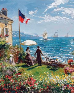 晴れた日に海を見下ろす家のバルコニー 作： F. Abderrahim