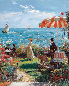 海の見えるカフェ、1920年代のドローイング、オンライン・キャンバスプリント 作： F. Abderrahim