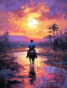 赤い夕日の中の西洋の騎士、リビングルームの壁飾り 作： F. Abderrahim