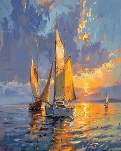 夕暮れの海で帆船、寝室の壁の装飾 作： F. Abderrahim