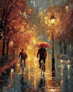 雨の中、道の真ん中をサイクリングするサイクリストたち。 作： F. Abderrahim