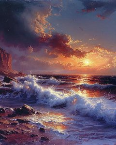 海辺の夕暮れ時の波の繊細なドローイング、自然の壁飾り 作： F. Abderrahim
