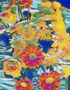 朝露に濡れたバラとヒナギク。 作： Margareta Uliarte