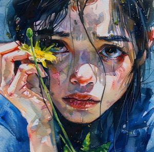 黄色い花を愛撫する少女、クローズアップの肖像画、オンライン・キャンバスプリント 作： F. Abderrahim