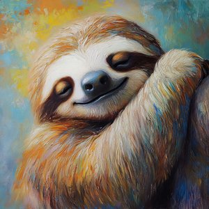 幸せな平和なナマケモノ抽象的な現実的な絵画、オンラインキャンバスプリント 作： F. Abderrahim