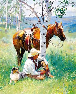 木の下で休む騎士と犬と馬、壁の装飾のアイデア 作： F. Abderrahim