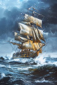 荒波の中、帆をいっぱいに張ったフリゲート艦の油絵 作： F. Abderrahim