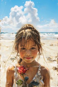 海辺でバラを手にする美しい少女、キャンバスプリント＆壁飾り 作： F. Abderrahim