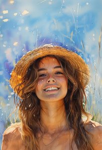 海辺で帽子をかぶり、茶色の髪をなびかせた美しい女性。 作： F. Abderrahim