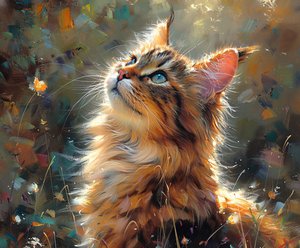 見上げるもふもふの猫、かわいいペット 現実的な絵画、額装された壁の装飾 作： F. Abderrahim