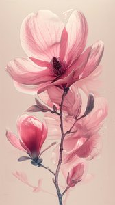 ミニマルな一本線のスケッチ、ピンクグレーの花、ボタニカルな壁飾り 作： F. Abderrahim