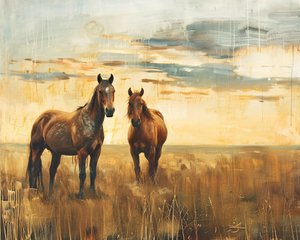 油絵 夕暮れの野原の雄大な馬たち, キャンバス  壁飾り 作： F. Abderrahim