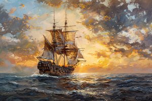 油絵 夕暮れの海に浮かぶ海賊船 額装 壁飾り