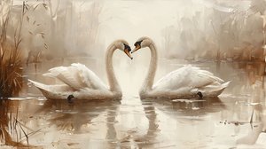 対面する2羽の白鳥, キャンバス地  額装された壁飾り 作： F. Abderrahim