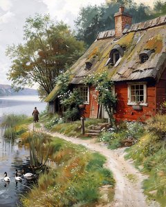 古いロシアの村, 小屋, キャンバスボードに油彩, 額装された壁飾り 作： F. Abderrahim