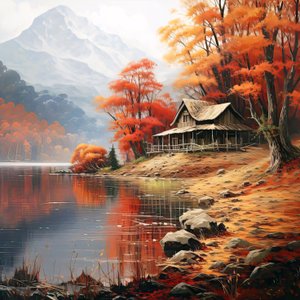 川のそばの森の中の小屋の絵、寝室の壁飾り