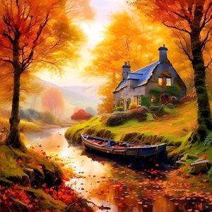 小川が流れる森の中の小屋の絵、秋の風景 作： F. Abderrahim