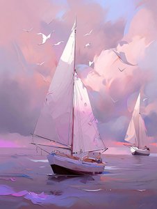 白と青の背景に帆船, キャンバス＆額装された壁の装飾 作： F. Abderrahim