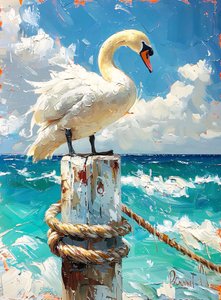 白い渡り鳥、海辺の雁、青い色、壁の装飾のアイデア 作： F. Abderrahim
