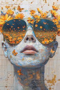 オリンポスの花と女性の顔のクローズアップ、モダンな壁の装飾 作： F. Abderrahim