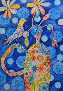 花瓶の上の鳥 作： Marys Watercolors
