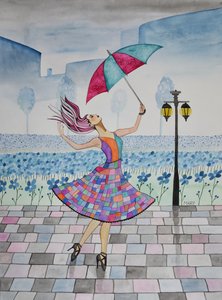 彼女は雨の中で踊る 作： Marys Watercolors