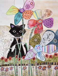 花の後ろに猫 作： Marys Watercolors