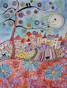 赤い草原の向こうの村 作： Marys Watercolors