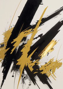 抽象的な金と黒の絵画、現代的なブラシストローク、オンラインカスタムキャンバスプリント 作： ファフタリ・アブデラヒム