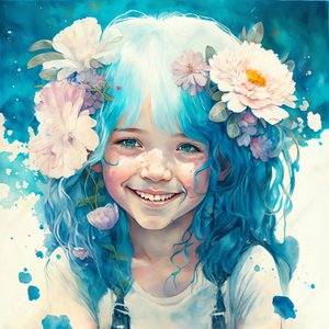 水彩画、ロイッシュスタイルのかわいい女の子、額入り壁飾り 作： ファフタリ・アブデラヒム