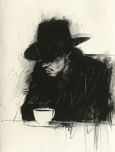 コーヒーを飲む男のミニマリスト・スケッチ（黒）｜壁飾り｜オンデマンド印刷 作： ファフタリ・アブデラヒム