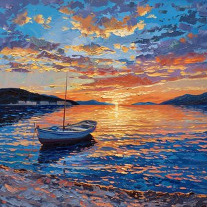 夕暮れ時の川のボート 美しい、ダルマチア、クロアチア キャンバスに油絵、販売のための壁の装飾 作： ファフタリ・アブデラヒム