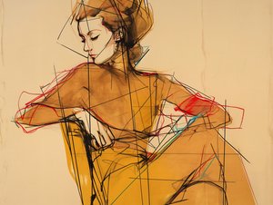 エレガントな茶色のドレスを着た女性の肖像画。 作： ファフタリ・アブデラヒム