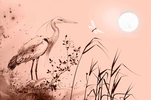 水辺の岩の上に立つサギの水墨画、寝室の壁飾り 作： ファフタリ・アブデラヒム