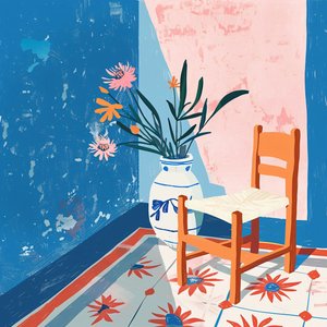 植物とメキシカンチェアーと陶器の花瓶, ミニマリストのキャンバスアートプリント 作： ファフタリ・アブデラヒム