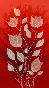 赤い背景に白で描かれた草花, 壁掛けアート デコール  キャンバス プリント 作： ファフタリ・アブデラヒム