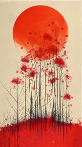 赤い花の丘の夕日 絵画 垂直壁 販売 作： ファフタリ・アブデラヒム