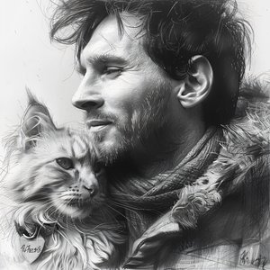 サッカー選手メッシと猫, モダンな壁飾り｜オンデマンド印刷 作： ファフタリ・アブデラヒム