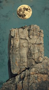岩にかかる黄色い月、砂漠の岩山、アメリカの風景 作： ファフタリ・アブデラヒム