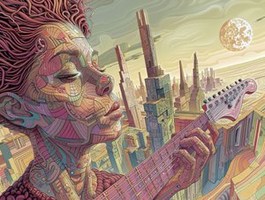 超現実的な未来的なシーンで音楽を演奏する若い男性。 作： ファフタリ・アブデラヒム