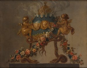 アモリニと蛇に支えられ、花で飾られた香水バーナー、18 世紀。 作： 18th century . French Painter