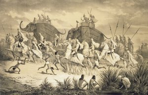 ルイ・アンリ・ド・ラダー（1807-81）のパブによって彫刻された、「インドへの航海」からの象に乗ったシーク教徒の酋長の騎兵隊。 ロンドンで 作： A. (after) Soltykoff